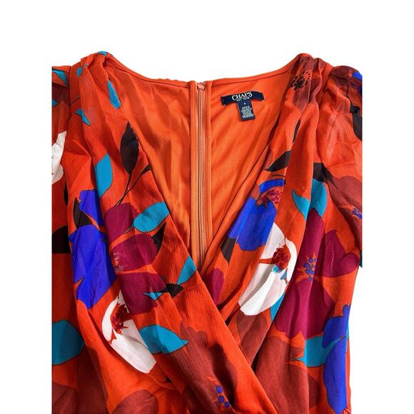 Chaps Floral Wrap Midi Dress Sz 8 Lined 3/4 Sleeve Colorful Belt V-Neck - Picture 2 of 8